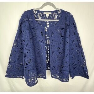 Coldwater Creek Crochet Open Front Cardigan Boho Cottagecore Womens Sz 2X Blue